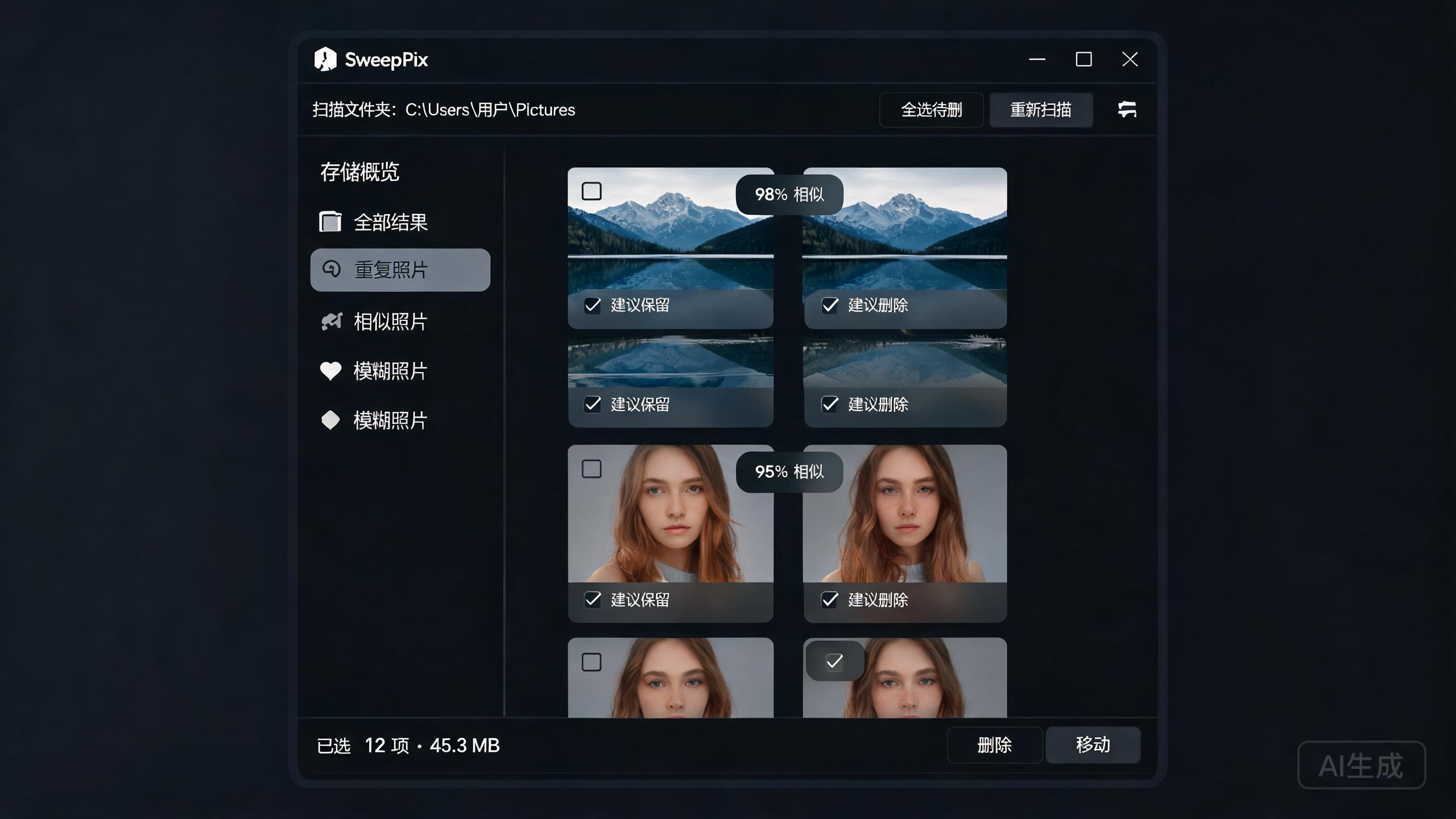 SweepPix 重复照片检测结果页 — 分组展示重复照片和相似照片，标记建议保留与建议删除