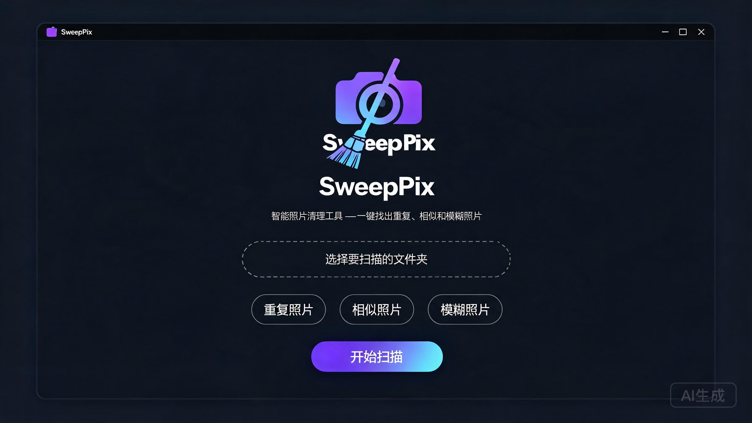 SweepPix 照片清理工具欢迎界面 — 选择文件夹并设置重复照片、相似照片、模糊照片检测选项